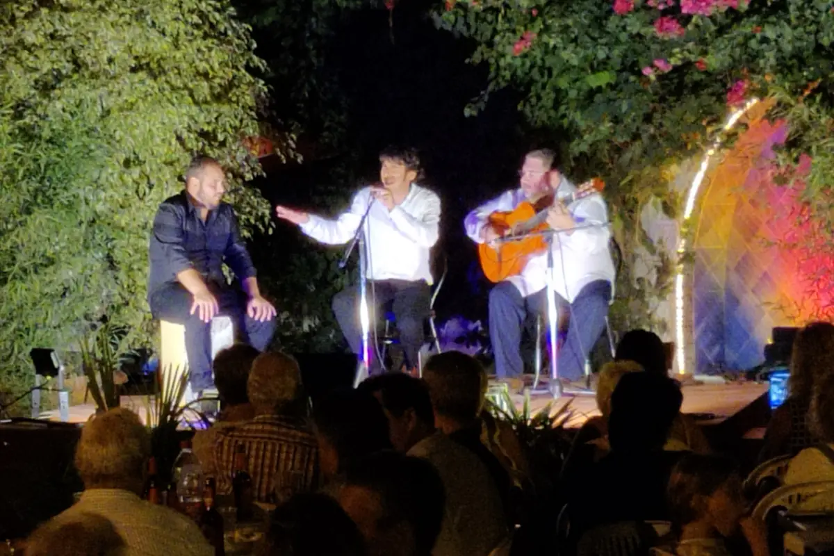 A singer in a white shirt, a guitarist and a seated musician on a night stage under flowering bougainvillea, with the audience in the foreground