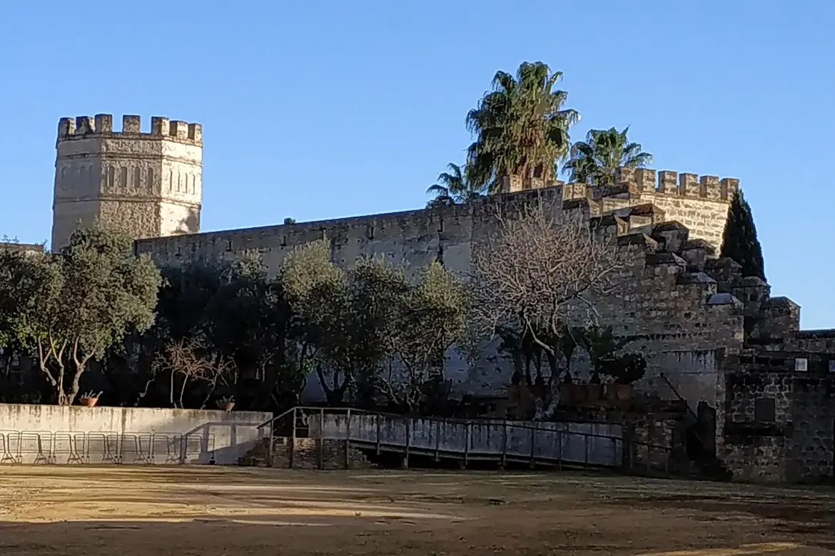 The crenellated walls and an octagonal tower of the Alcázar of Jerez under a blue sky, with palm trees behind the battlements